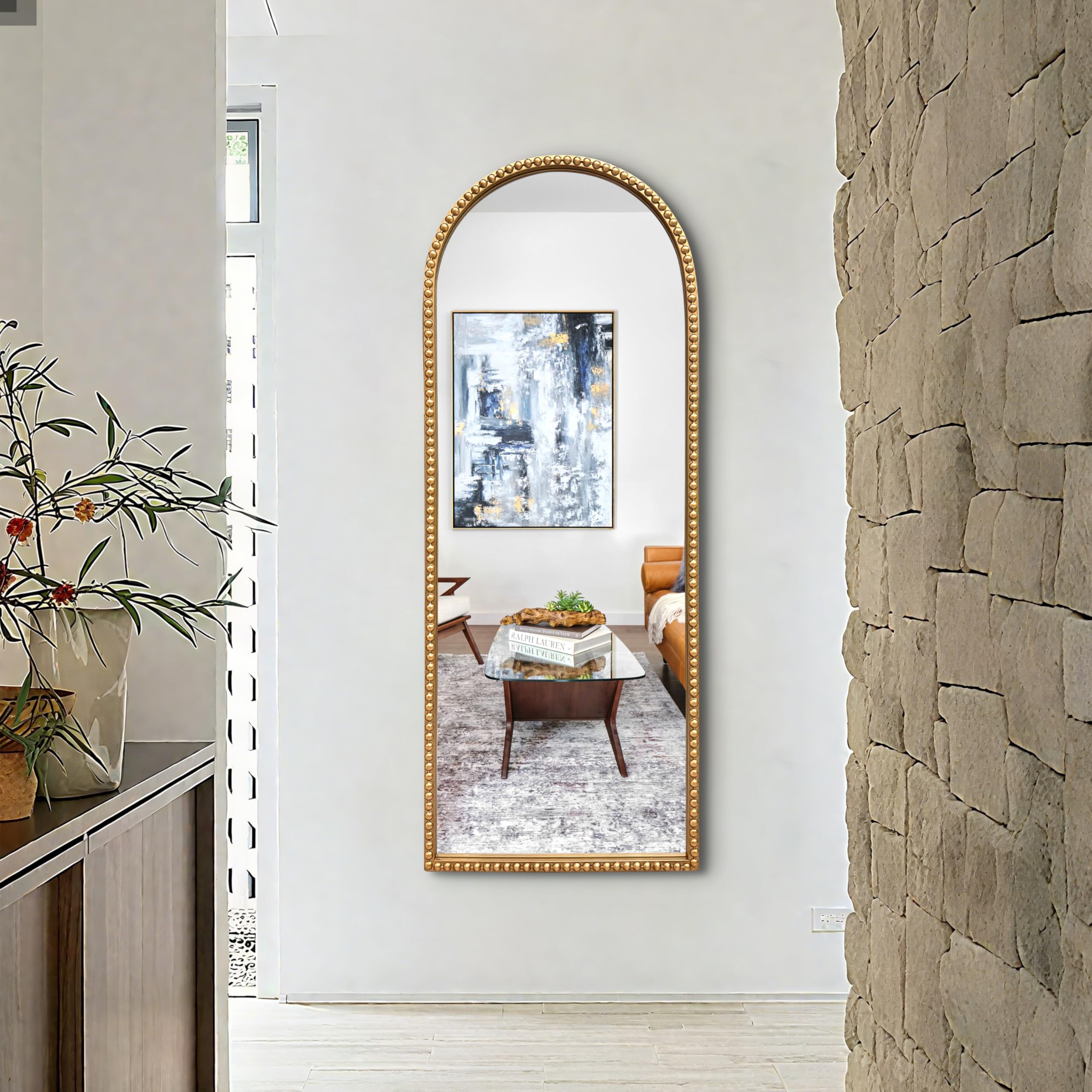 Vintage Gold Arch Floor Mirror 20"x53" - Full Length Wall Mirror with Beaded Metal Frame