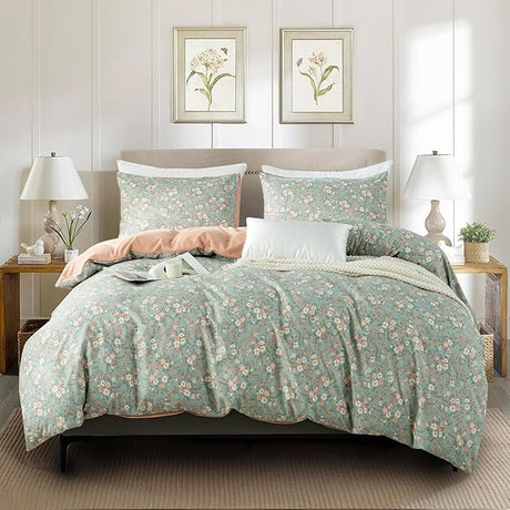 Floral Queen Comforter Set 3 Pieces Soft Cotton Chic Garden Style Floral Print Lightweight Vintage Botanical