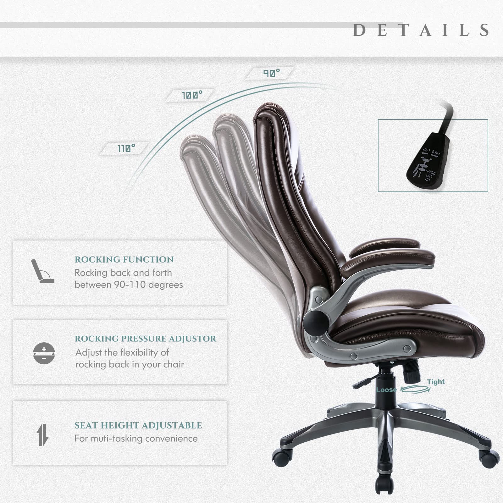 Leather Executive Office Chair - High Back Ergonomic Desk Chair with Flip-Up Arms