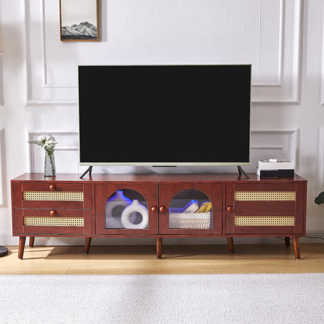 TV Stand for 75 Inch TV, Rattan Entertainment Center with Storage, 70" Television Cabinets with Doors and Drawers, Mid Century Modern TV Media Console Table for Living Room, Walnut