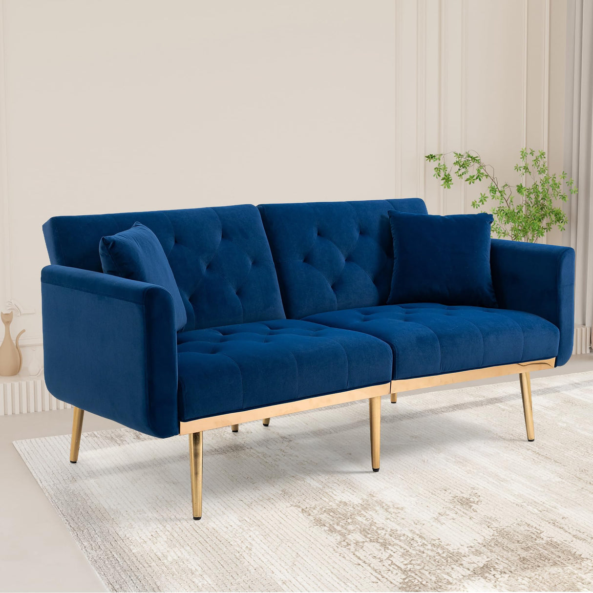 Mid-Century Modern Velvet Loveseat, Petite Accent Sofa Couch with 7 Gold Metal Legs