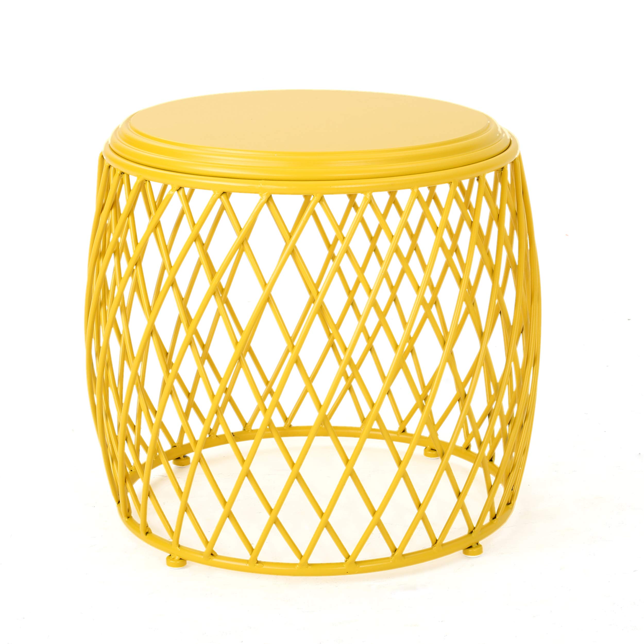 Bryony Indoor 19" Diameter Lattice Iron Side Table, Matte Yellow
