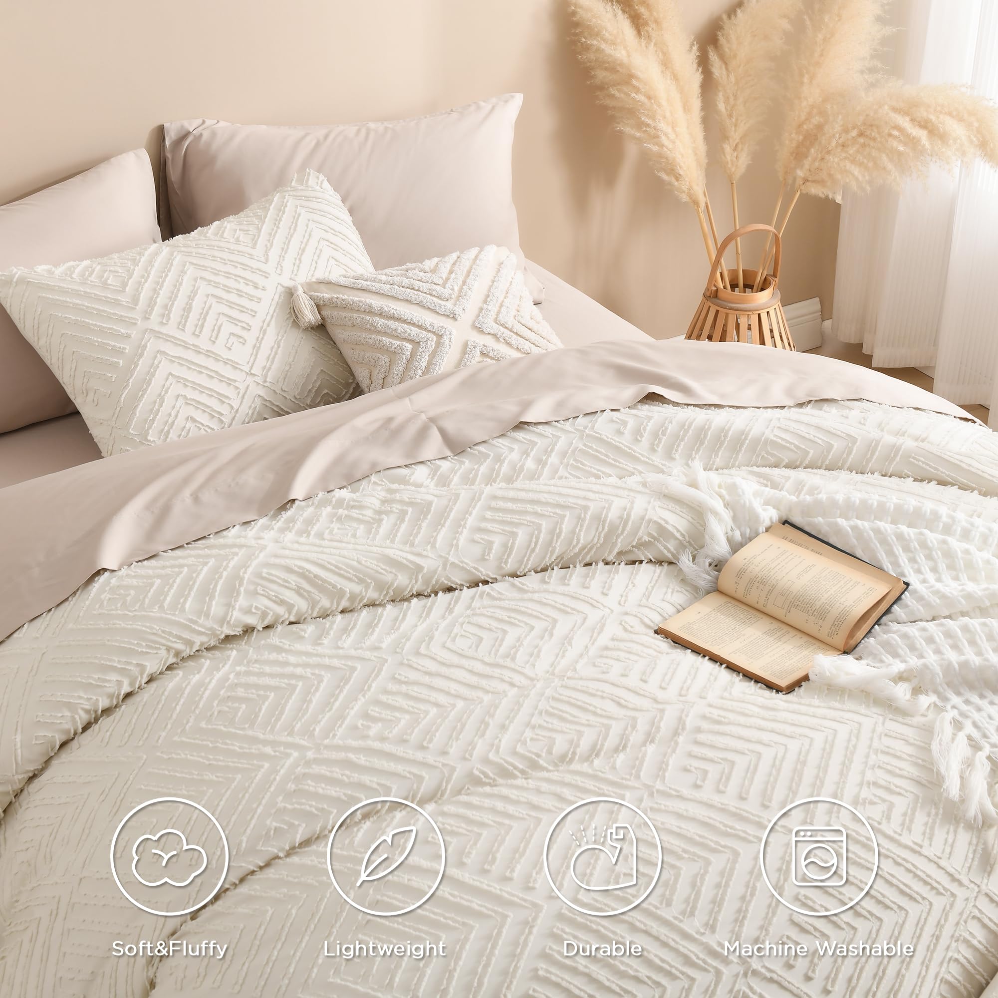 White Queen Comforter Set(90x90Inch), 3 Pieces Cute Pinch Pleat Bedding Comforters