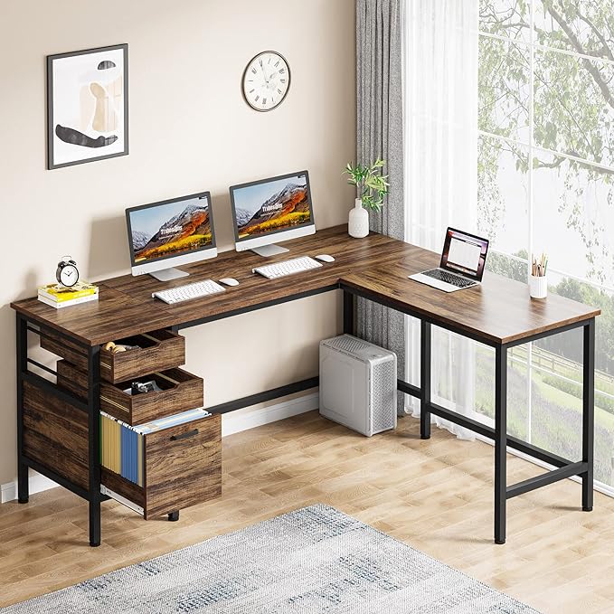 L Shaped Desk with File Drawer Cabinet, 59 Inch Corner Desk L Shaped Computer Desk
