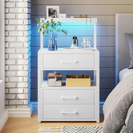 with Charging Station and LED Lights, LED Night Stand with 2 USB Ports and 2 AC Outlets, Modern End Table with 3 Drawers, Bedside Table with Open Storage for Bedroom, White