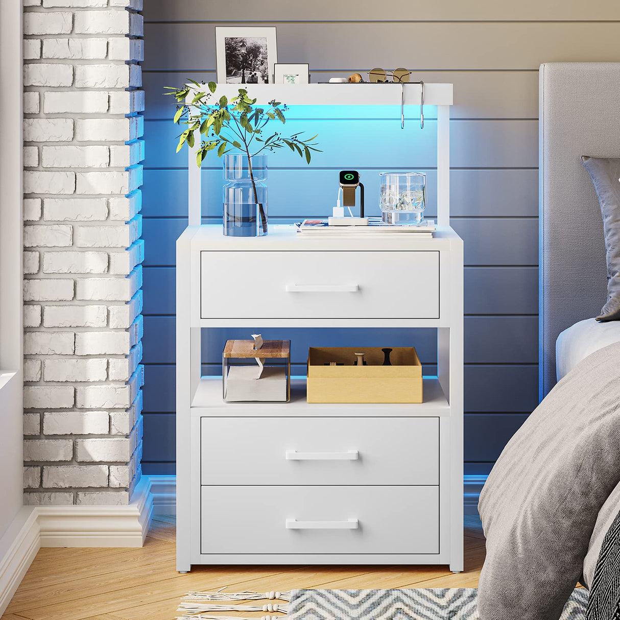 with Charging Station and LED Lights, LED Night Stand with 2 USB Ports and 2 AC Outlets, Modern End Table with 3 Drawers, Bedside Table with Open Storage for Bedroom, White