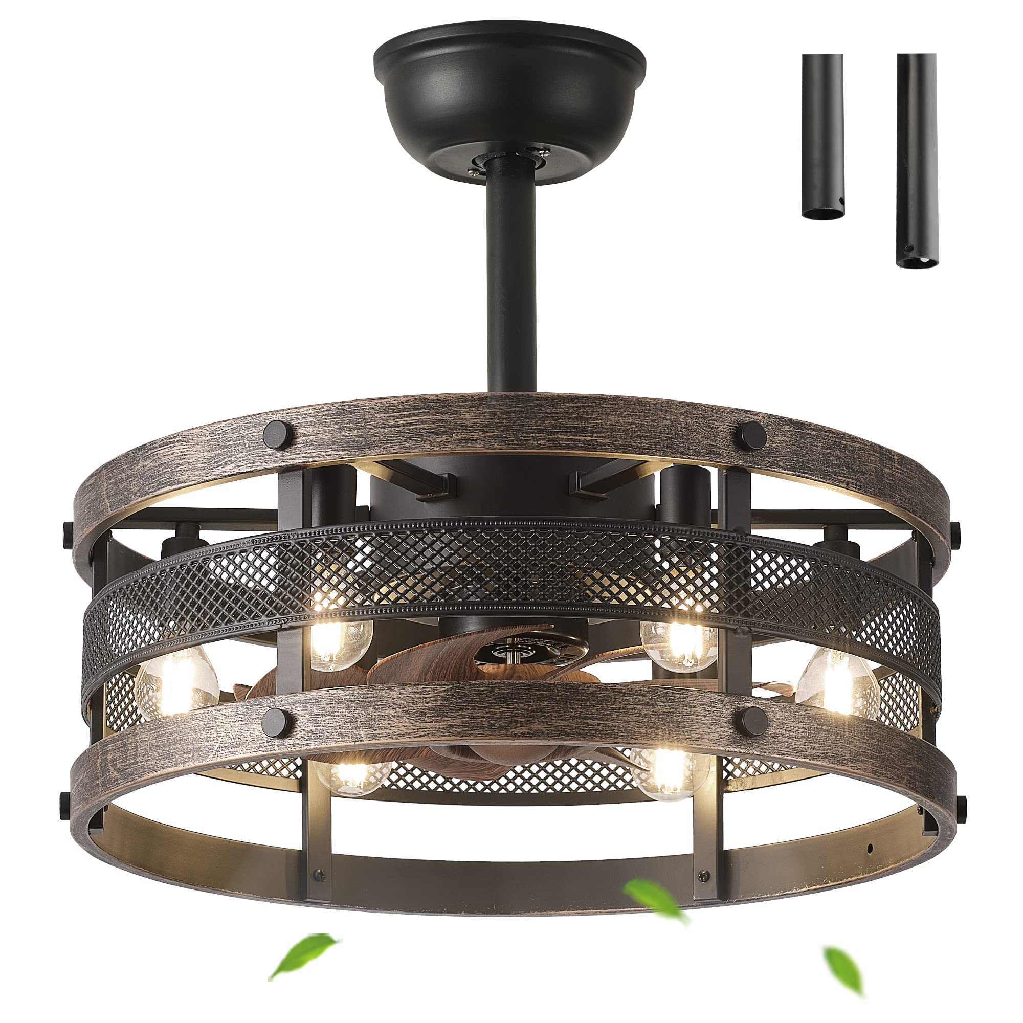 Caged Ceiling Fan with Lights and Remote,19'' Black Industrial Ceiling Fan