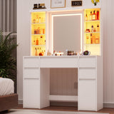 Tall Vanity Desk with LED Mirror and RGB Lights Shelves, White Makeup Vanity