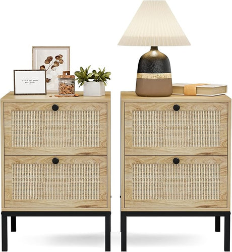 Rattan Nightstand Set of 2, Farmhouse Boho End Side Table with 2 Handmade Rattan Drawers,