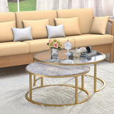 Gold Metal Coffee Tables With Marble Tops, Set Of Two