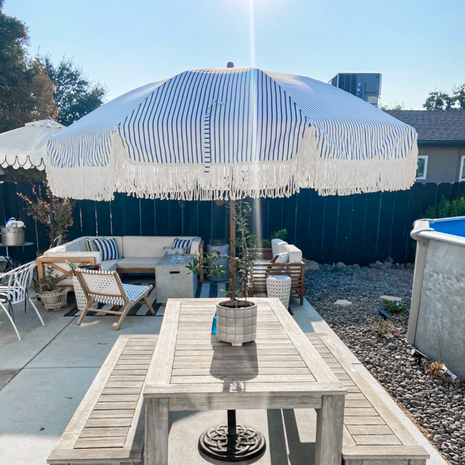 7ft Patio Umbrella with Fringe Outdoor Tassel Umbrella UPF50+ Premium Steel