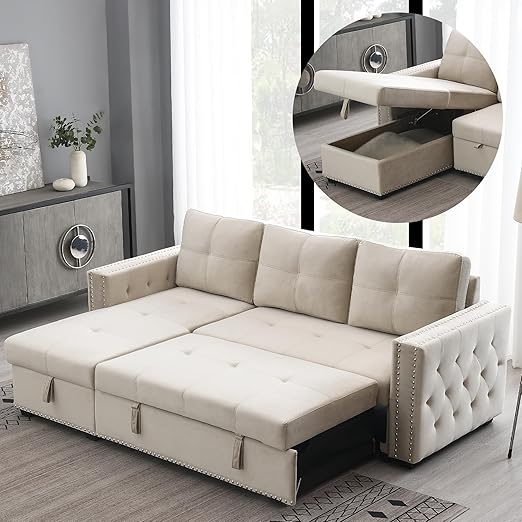 Sectional Sleeper Sofa with Pull Out Bed Storage, Queen Size 91 inches Sofa Bed