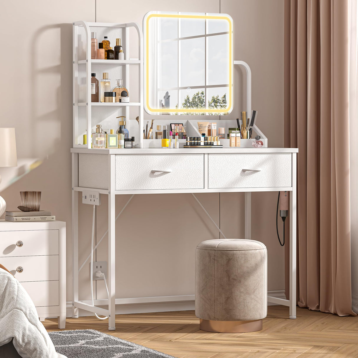 White Vanity Desk with Mirror and Lights, Small Makeup Vanity Desk with Fabric Drawers & Power Outle