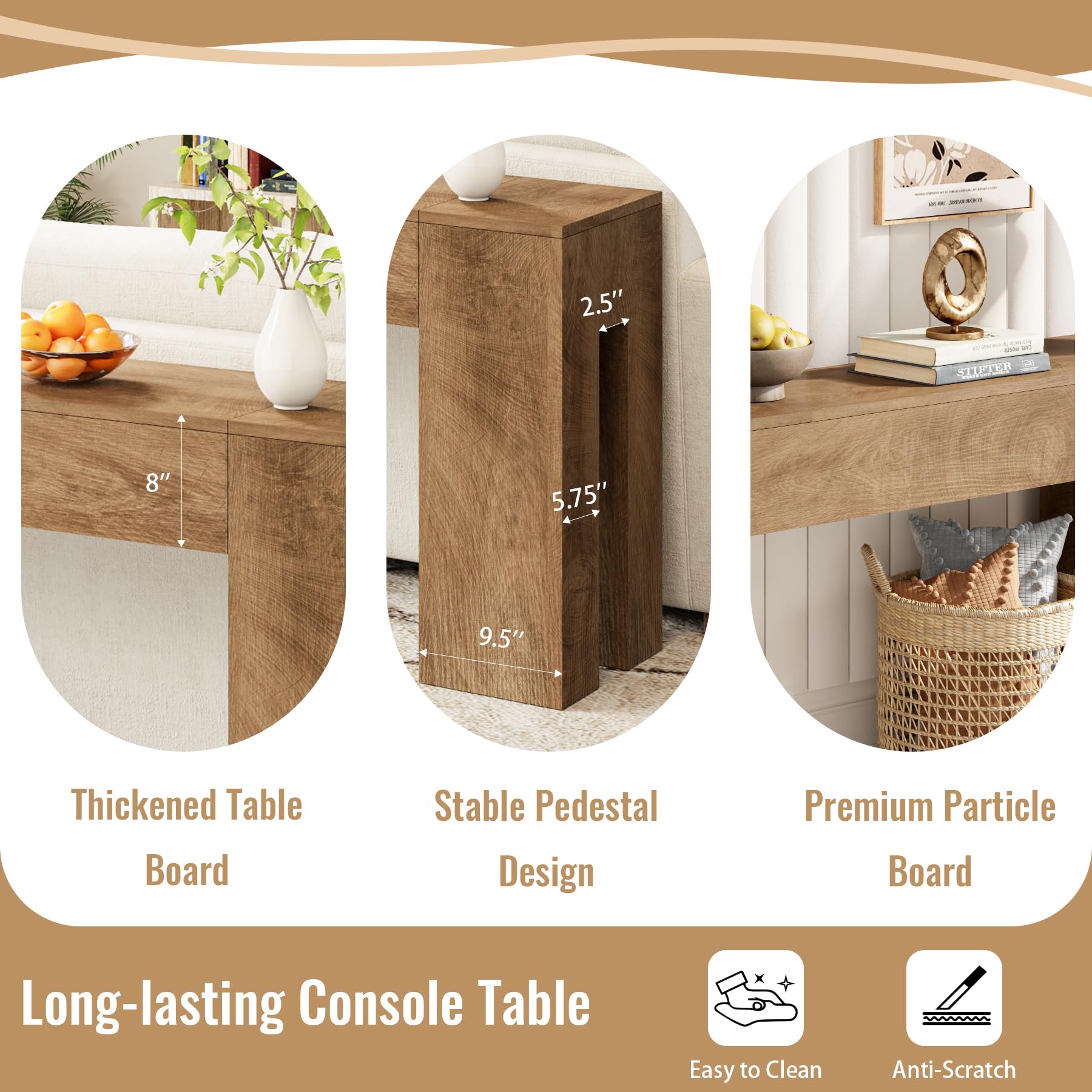 79-Inch Farmhouse Sofa Console Table - Natural Oak