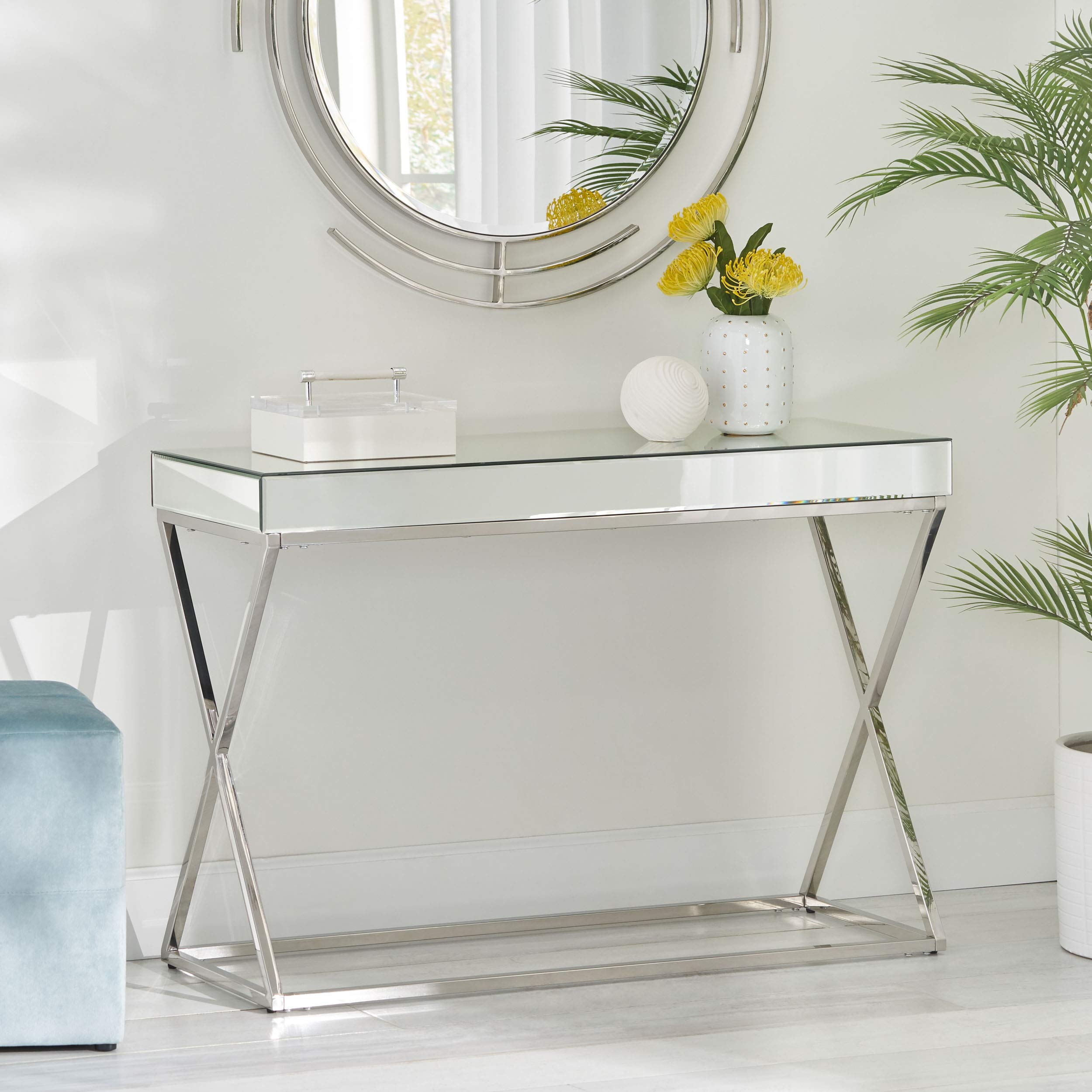 Nikita Modern Glam Console Table with Mirror Tabletop, Silver