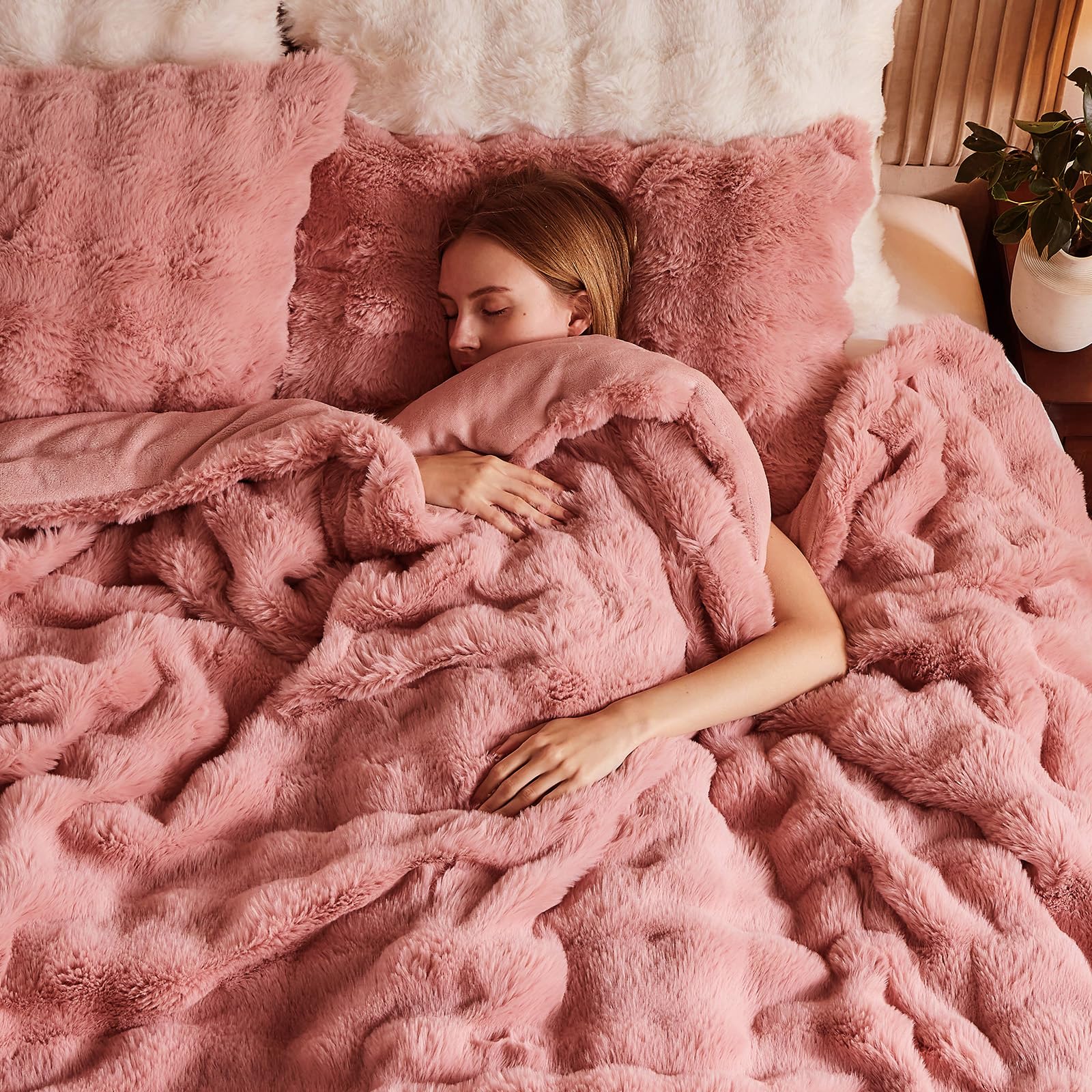 Faux Fur Queen Comforter Set – Pink Fluffy Comforter Queen Size, Big Bubble Faux Rabbit