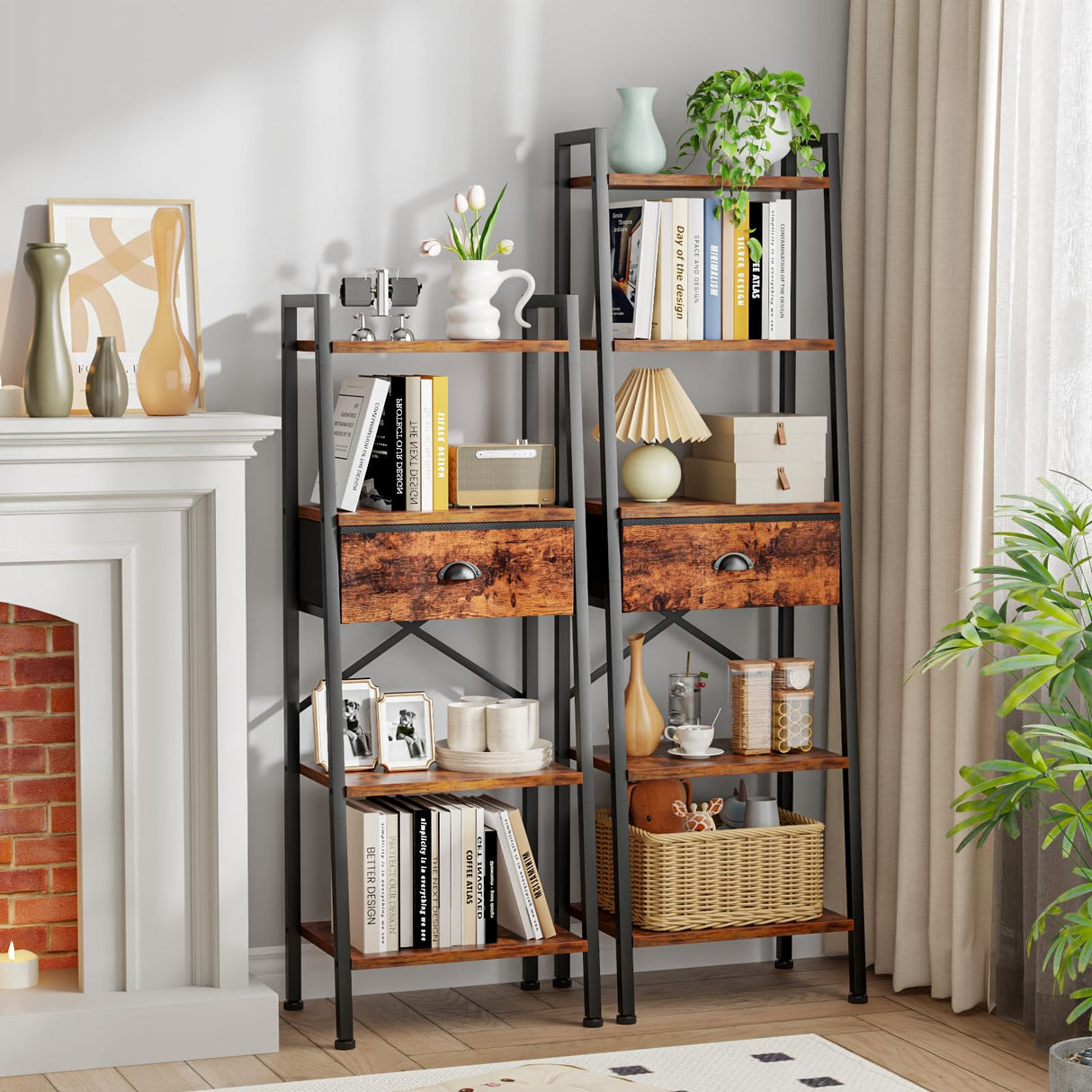 5 Tier Ladder Shelf with Drawer, Tall Bookshelf Storage Shelves, Bookcase Standing Shelf