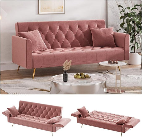 Modern Velvet Futon Sofa Bed, Small Couch, Loveseat, 71" Convertible Futon Sofa with Folding Armrests and 2 Pillows, Comfy Couch for Living Room, Bedroom, Beige