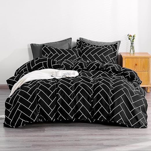 3 Pieces 100% Brushed Microfiber Striped Duvet Cover Set, Super Soft Black and