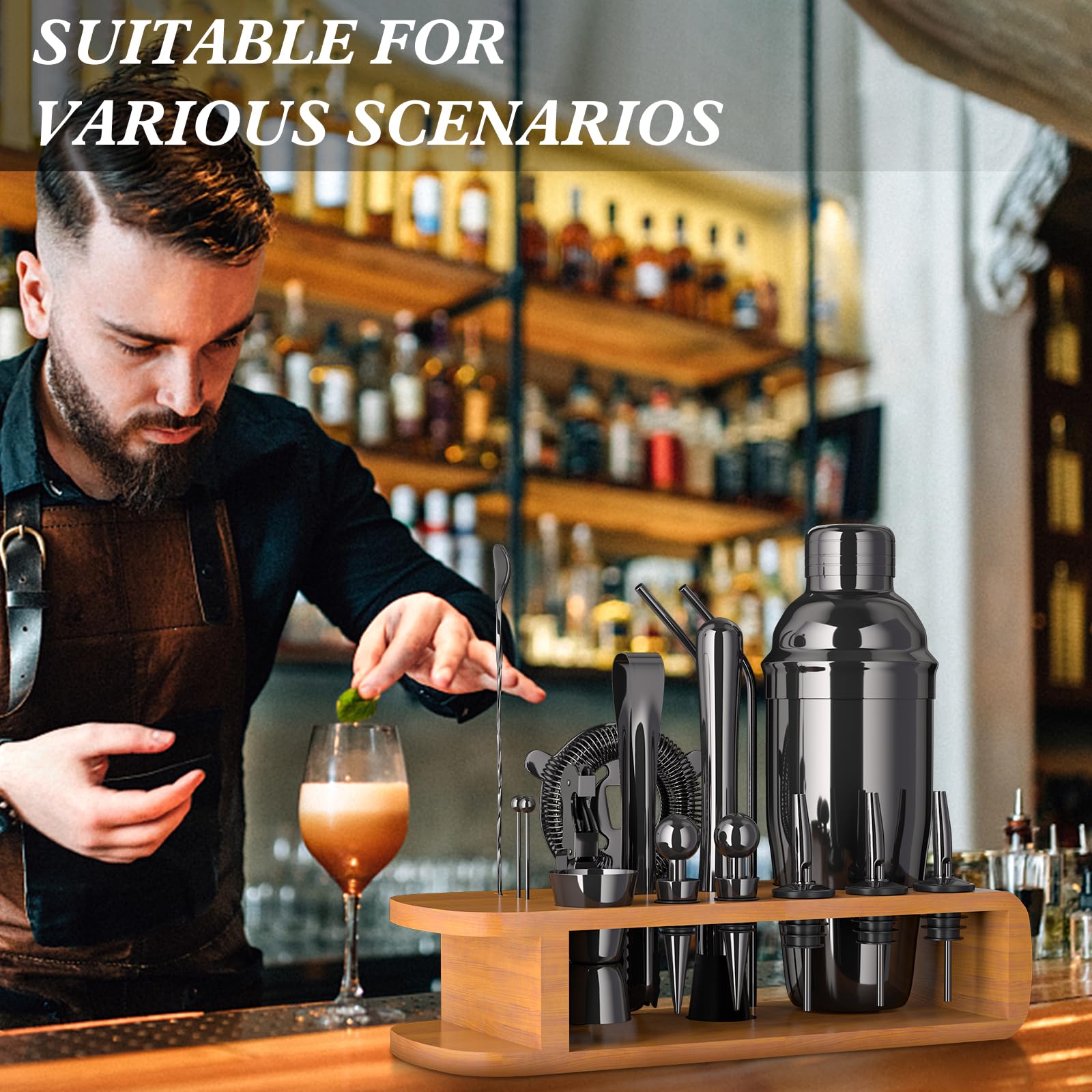 Cocktail Shaker Set with Bamboo Stand, 26-Pieces Bartender Kit 25 oz Martini Bar Tools Set