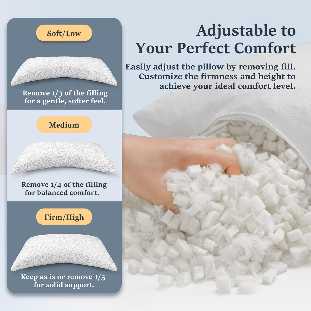 COZSINOOR Side Sleeper Pillows Queen Size Set of 2 for Sleeping - Crescent Adjustable Shredded Memory Foam Pillows 2 Pack, Cooling Bed Pillow for Back and Stomach Sleepers, Breathable Washable Cover