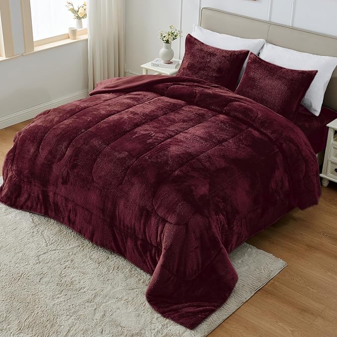 Faux Fur Comforter Set Queen Size with Fitted Sheet, Luxury Ultra Soft Fuzzy Comforter