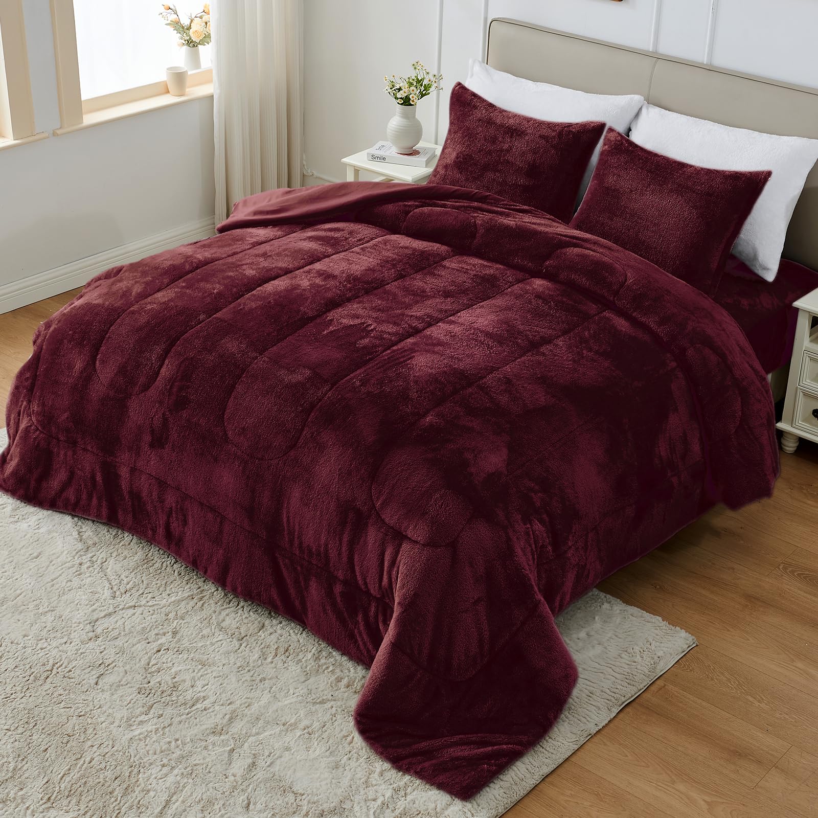 Faux Fur Comforter Set Queen Size with Fitted Sheet, Luxury Ultra Soft Fuzzy Comforter