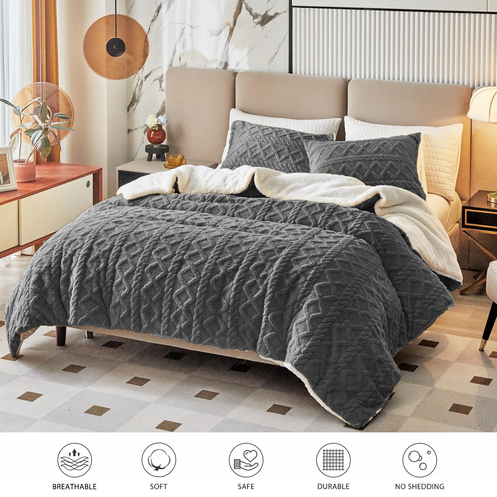 3-Piece Fluffy Faux Fur Sherpa Comforter Set Gray, King Size Luxury Tufted Bedding