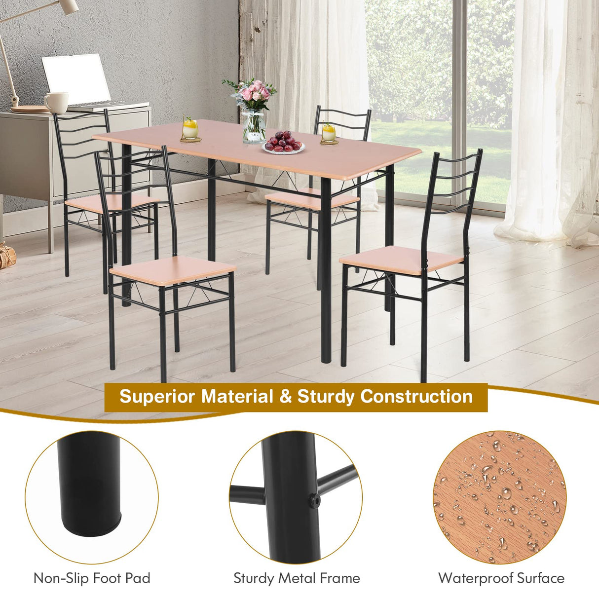 COSTWAY 5 Pieces Dining Room Table Set, Modern Kitchen Table Set with Metal Framework & Anti-slip Pads, Dining Furniture Set with 4 High Back Chairs for Dining room, Restaurant and Cafe (Walnut)