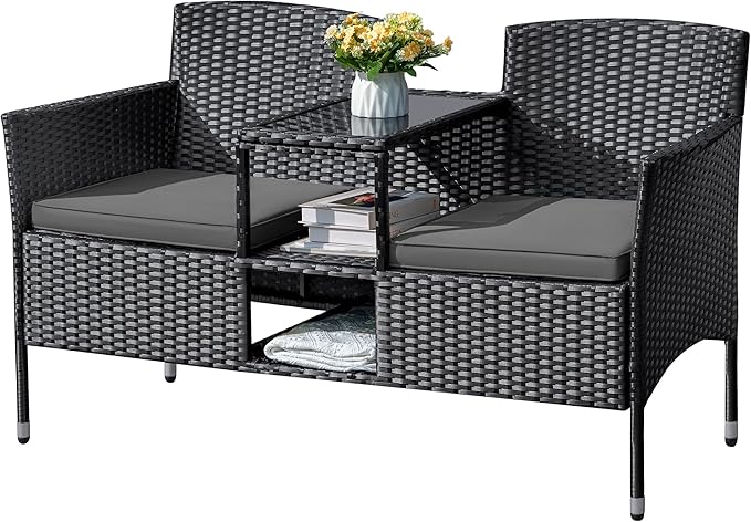 Outdoor Furniture Patio Loveseat Wicker 2-Seat with Built-in Table and Cushions