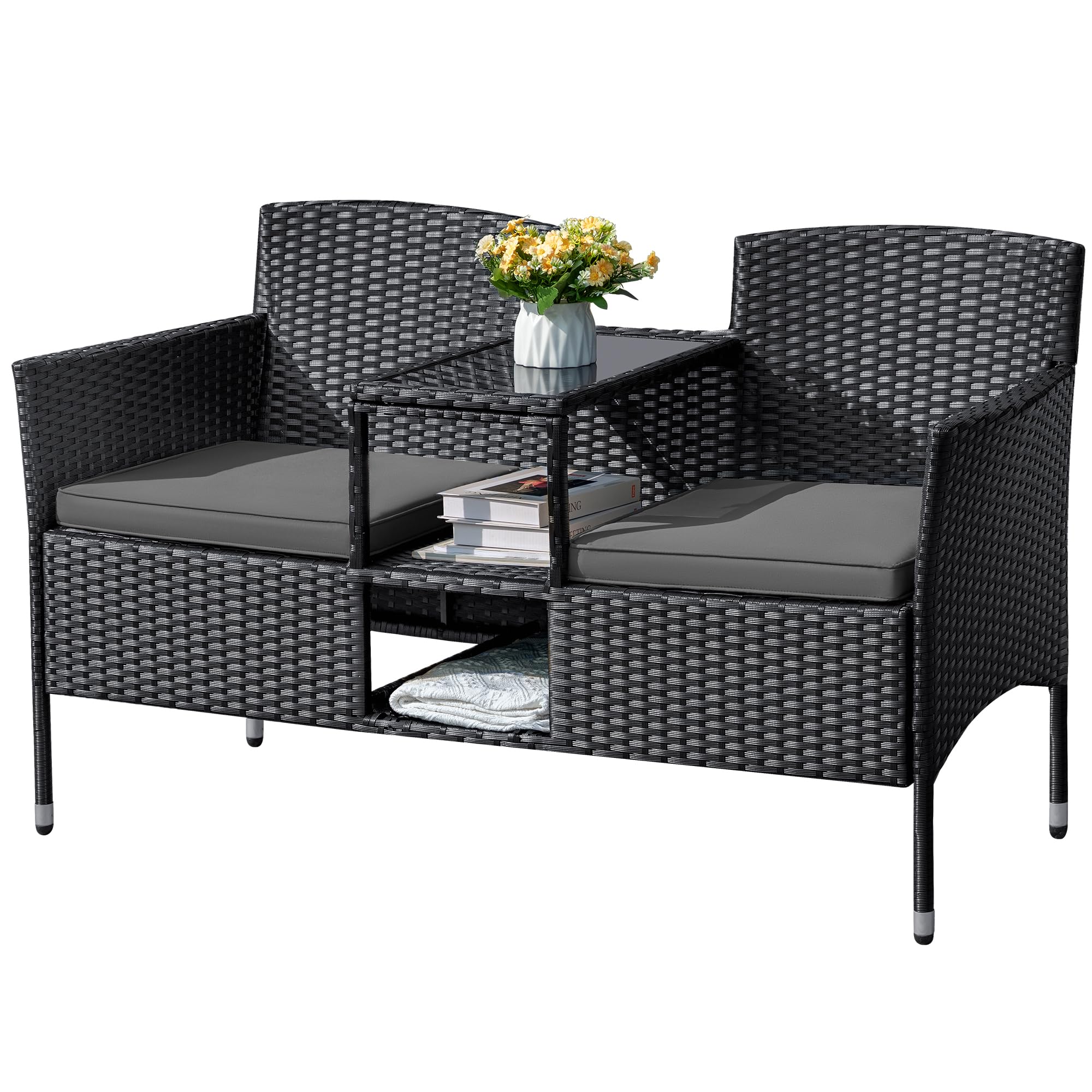 Outdoor Furniture Patio Loveseat Wicker 2-Seat with Built-in Table and Cushions
