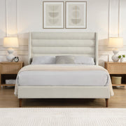 Queen Platform Bed with Wave Headboard - Ivory Chenille