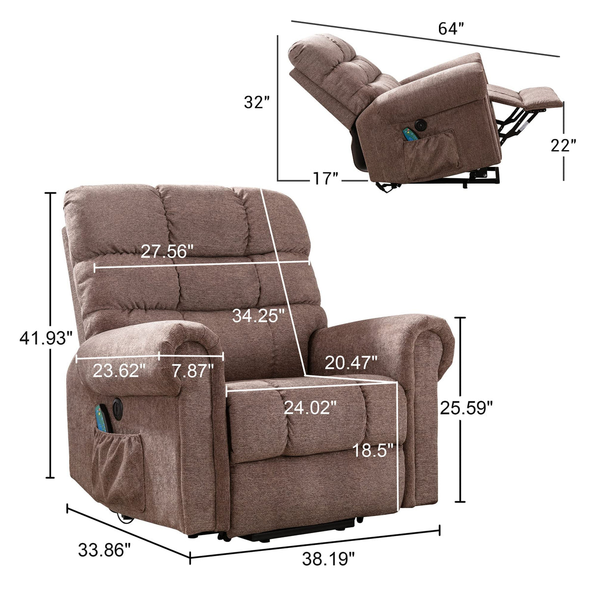 Power Lift Chair for Elderly, Leather Electric Living Room recliner, Light Brown