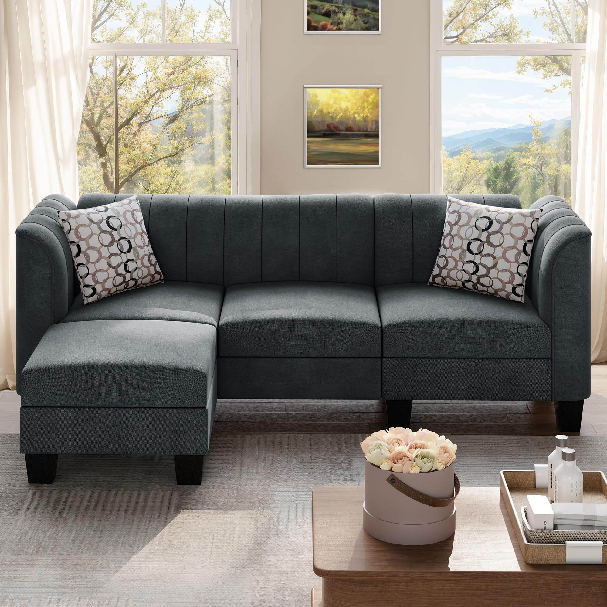 Upgraded Convertible Sectional Sofa Couch, 3 Seat L Shaped Sofa with High Armrest Linen Mid Century Fabric Small Couch for Living Room,