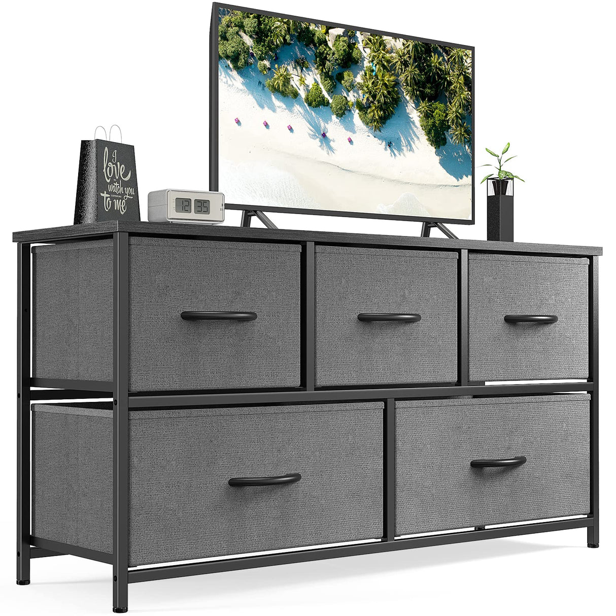 Bedroom 5 Fabric Drawers Dresser Clothes Cabinet Storage Organizers and Wood Top