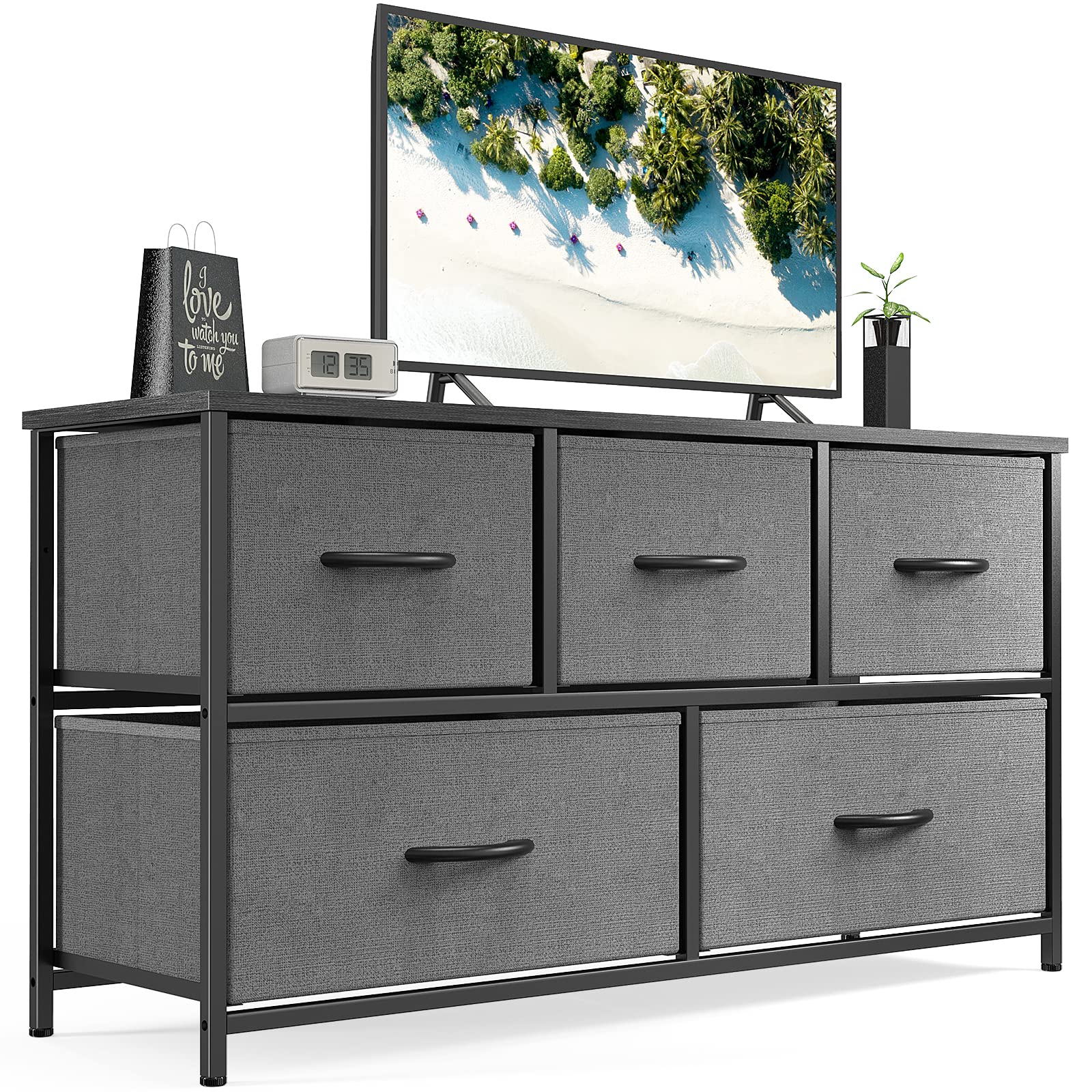 Bedroom 5 Fabric Drawers Dresser Clothes Cabinet Storage Organizers and Wood Top