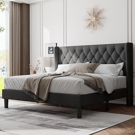 Queen Size Bed Frame with Diamond Tufted Wingback Headboard, Morden Upholstered