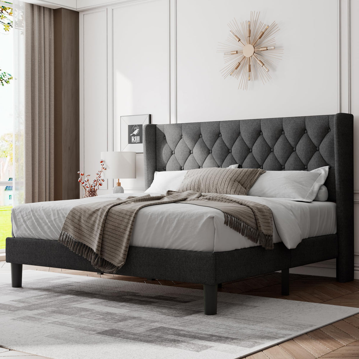 King Size Bed Frame with Wingback, Upholstered Platform Bed with Diamond Tufted