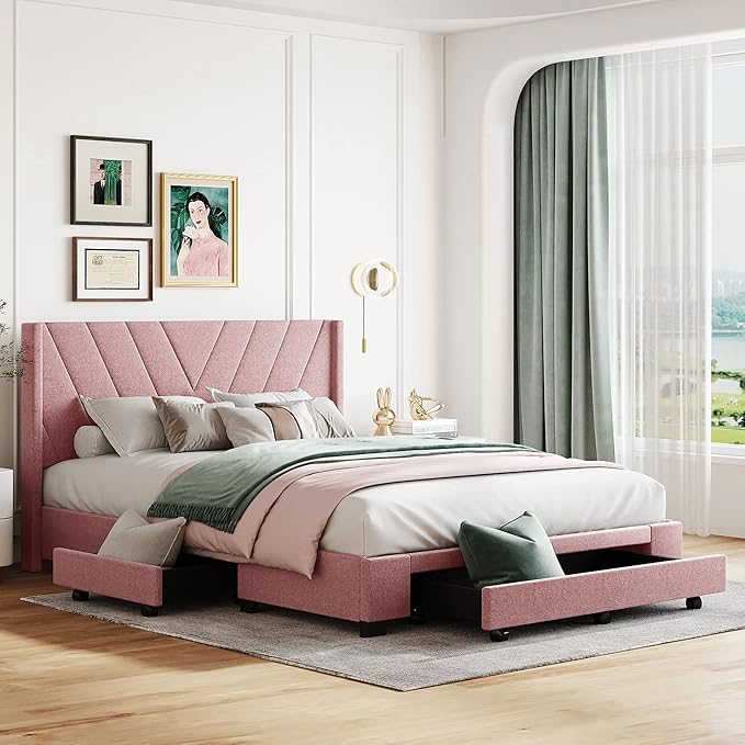 ,Linen Upholstered Platform Bedframe with 3 Drawers & Wing Shaped Headboard,Queen