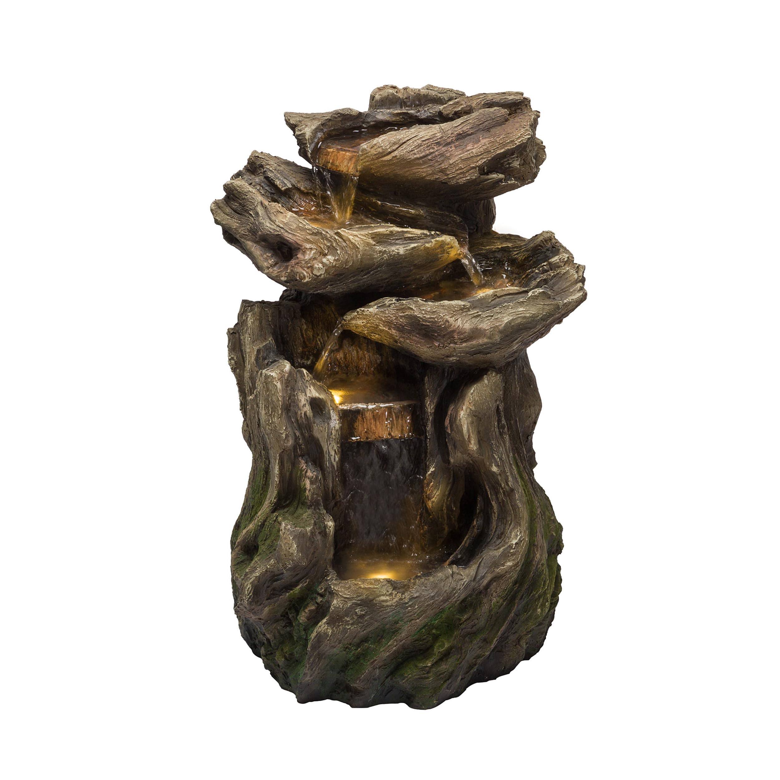 WIN1118 Indoor Floor Rainforest Log Fountain with LED Lights, 5-Tier Waterfall Garden Fountain 22", Brown