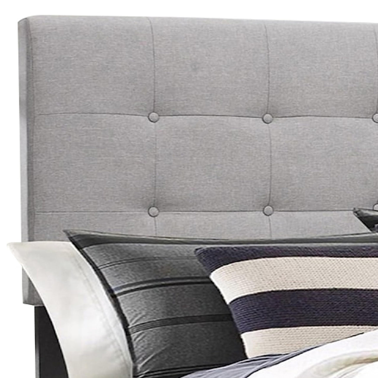 California King Size Bed, Light Button Tufted Upholstery, Gray and Black