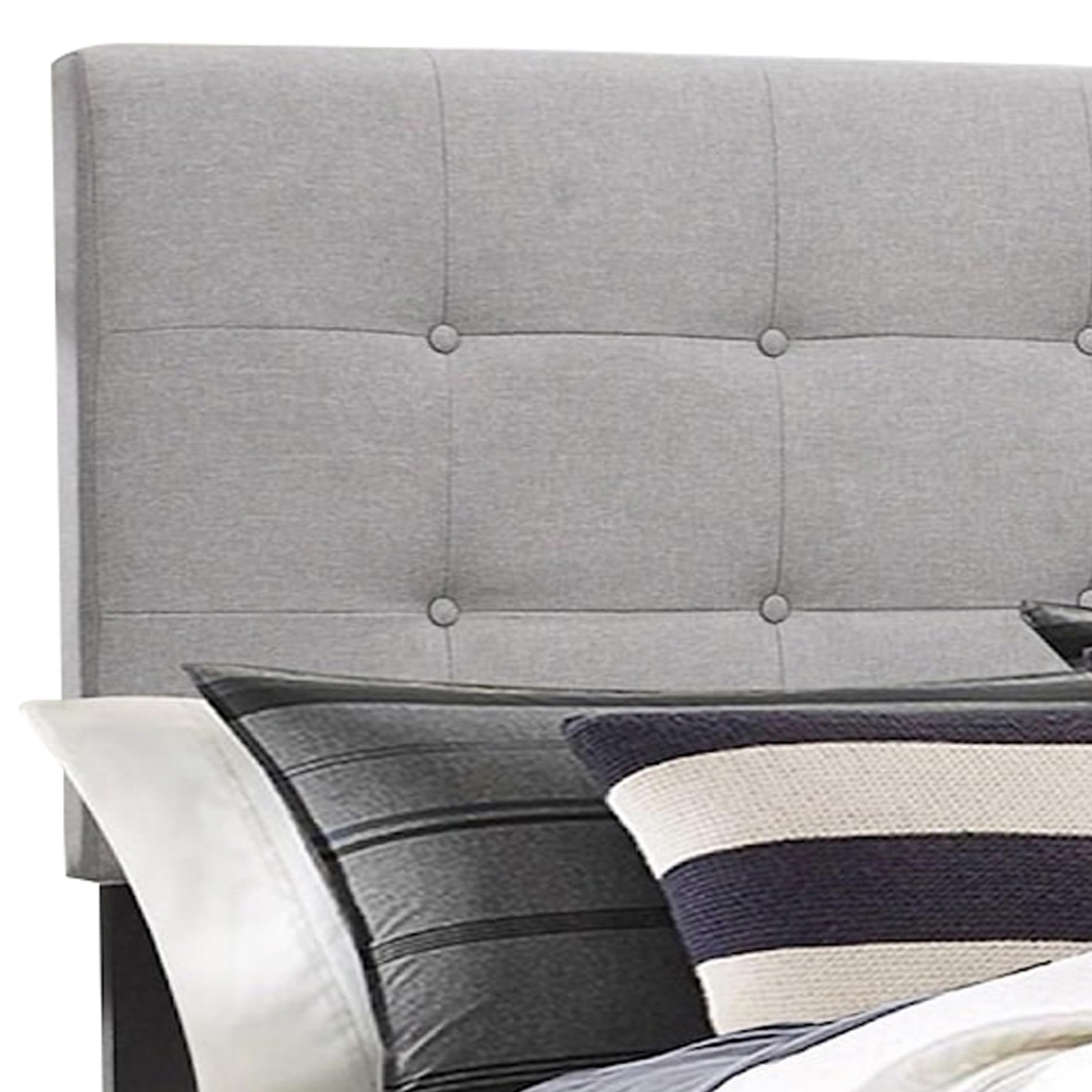 California King Size Bed, Light Button Tufted Upholstery, Gray and Black