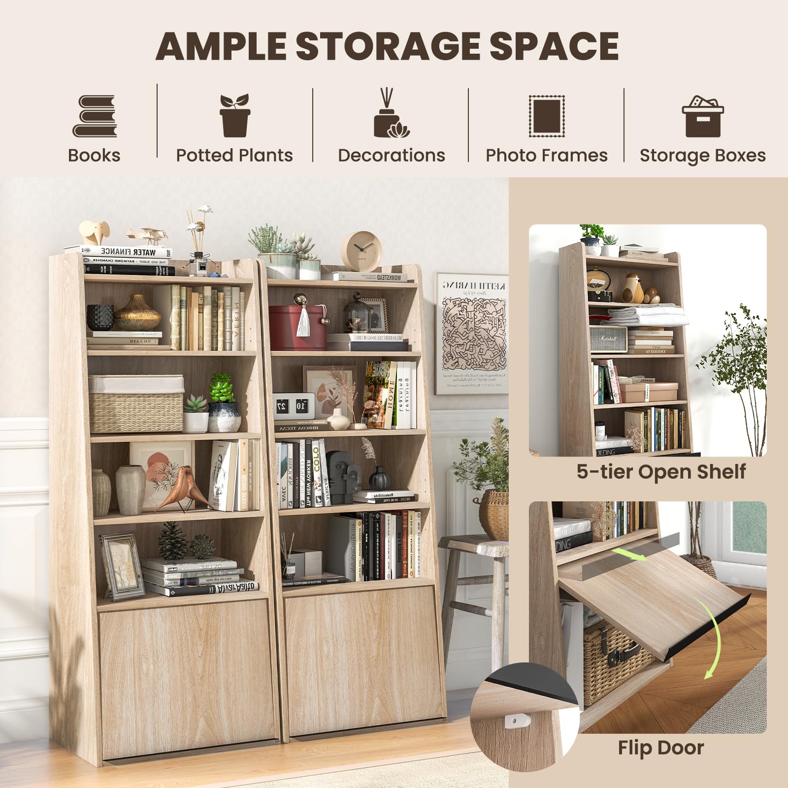 Tier Bookcase, Modern Bookshelf w/ 2 Adjustable Shelves & Flip-up Door, Wood Storage