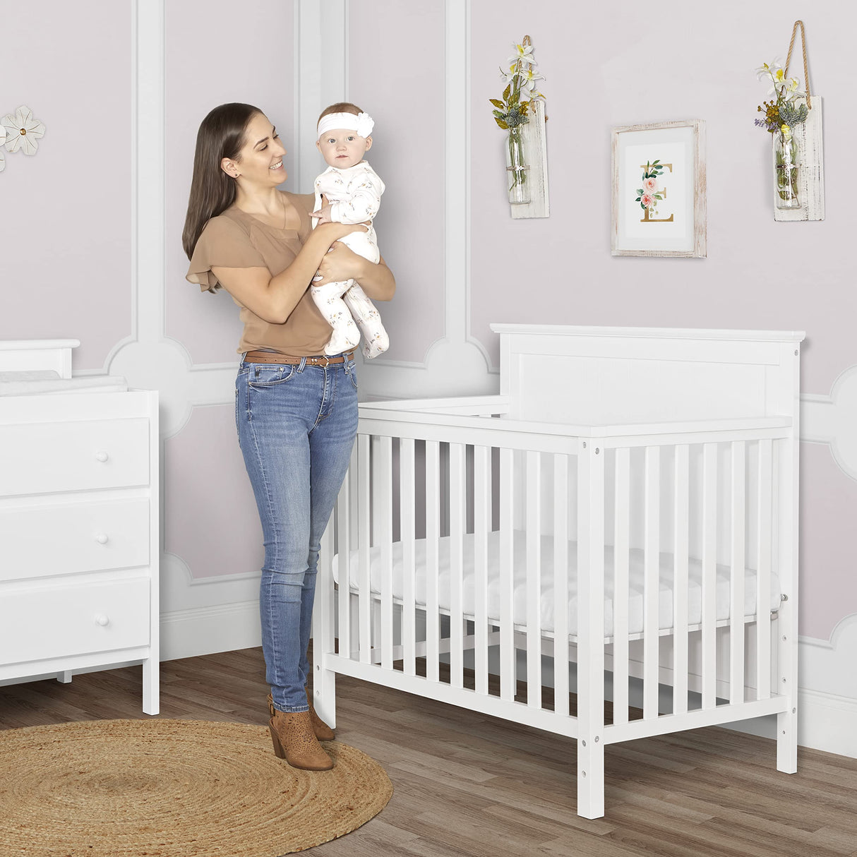 Ava 4-in-1 Convertible Mini Crib in White, Greenguard Gold Certified, Non-Toxic Finish,