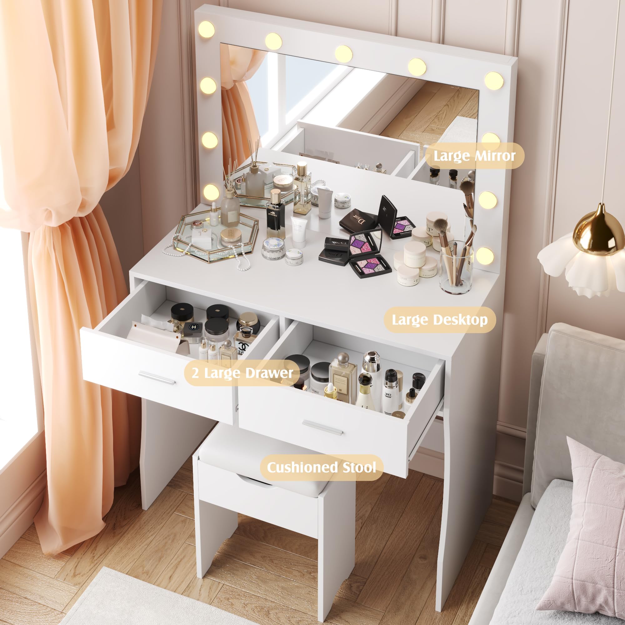 Vanity Desk with Mirror, 11 Adjustable LED Lights in 3 Colors, 2 Spacious Drawers