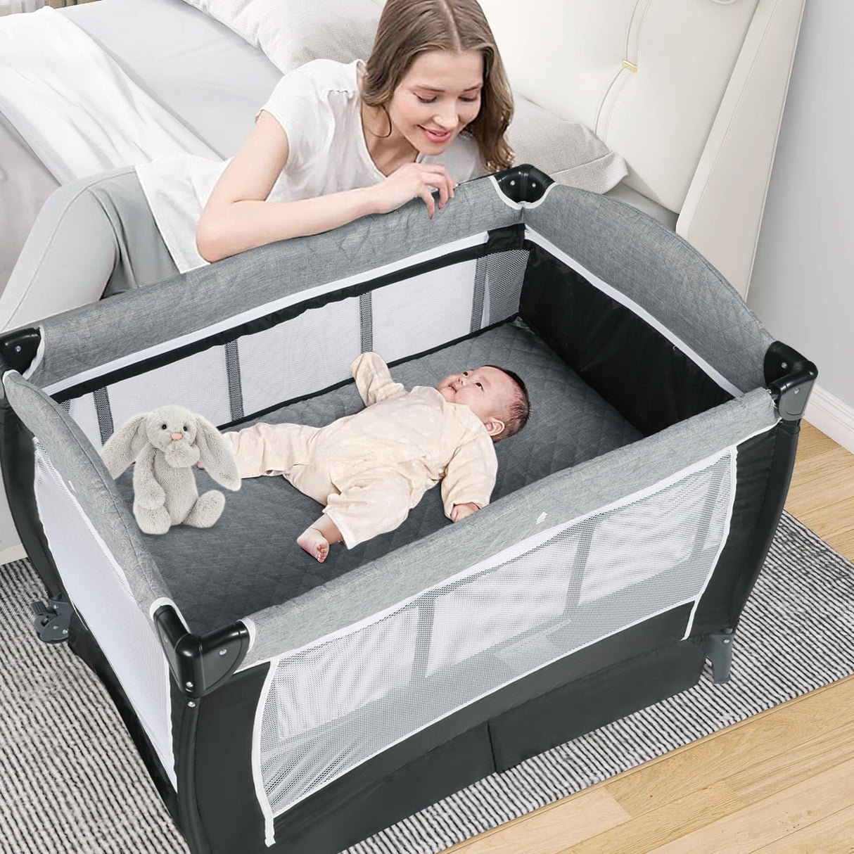 Pack and Play with Bassinet, 4-in-1 Baby Bassinet Bedside Crib