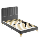 Twin Bed Frames, Modern Velvet Upholstered Platform Bed with Headboard, Soft Rounded