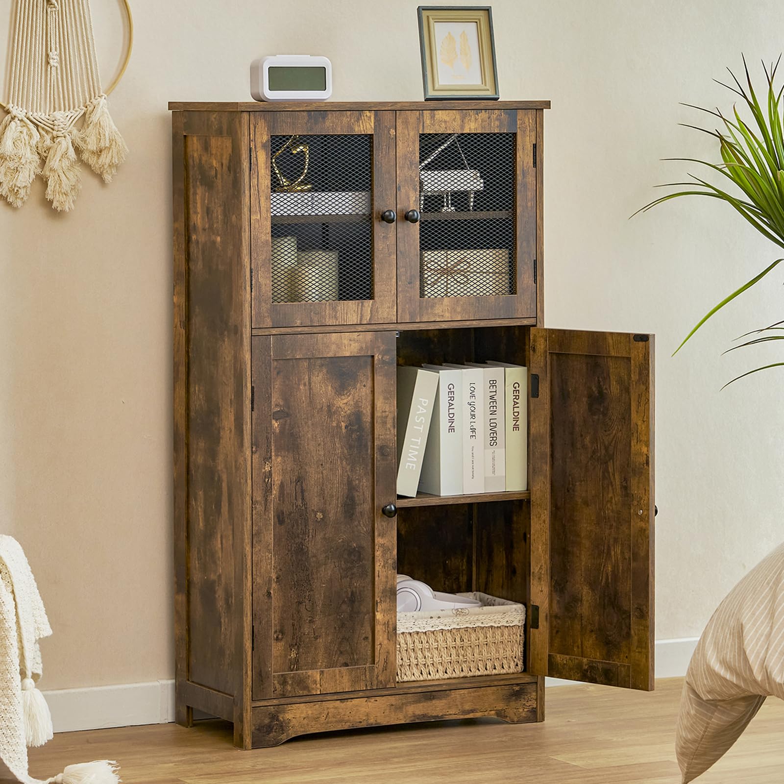 Storage Cabinet with 4 Doors, Floor Storage Cabinet with 2 Shelves, Bathroom Storage