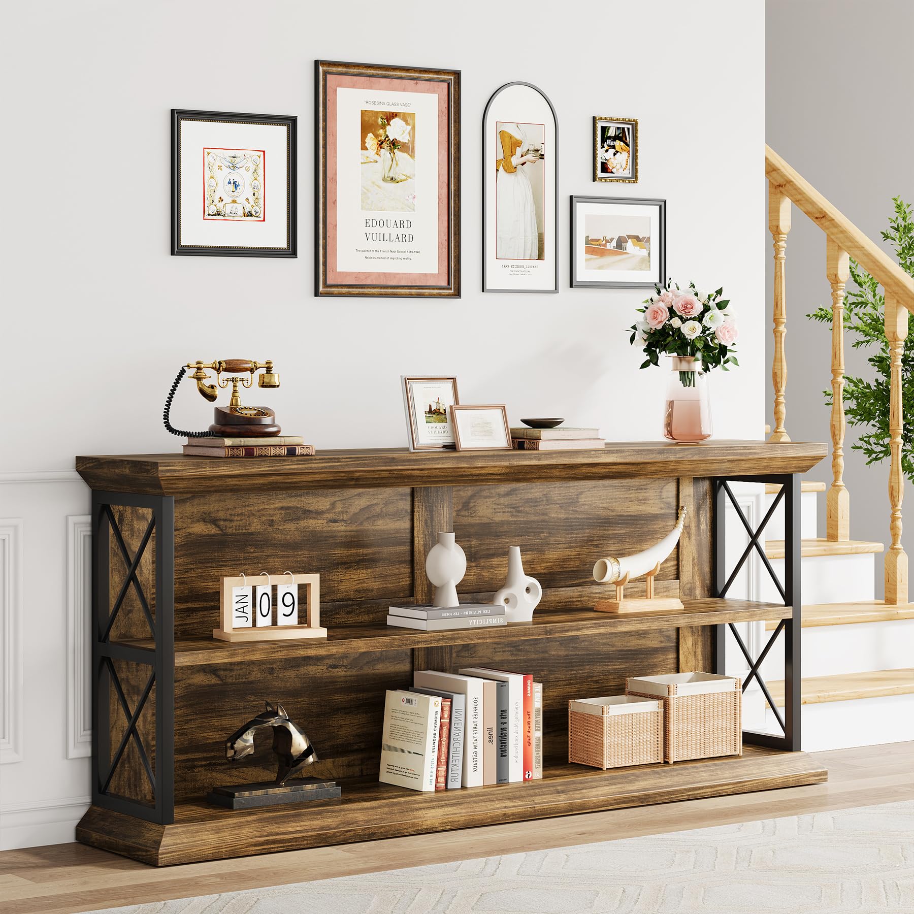 63-Inch 3-Tier Console Table with Storage - Brown Wood Entryway Sofa Table