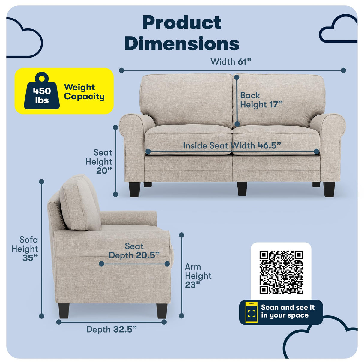 Serta Copenhagen 61" Rolled Arm Sofa, Easy Care Polyester, Soft Pillow Back, Pocket Coil Seat Cushions, Removable Covers, Loveseat or Couch for Small Spaces, Living Rooms or Bedrooms, Light Gray